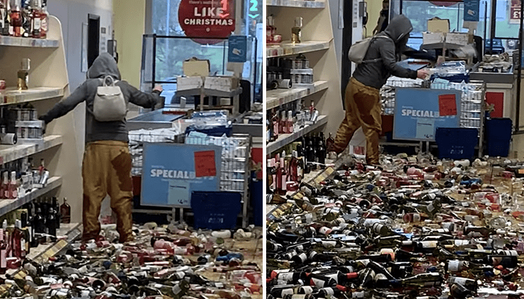  [Video] Mujer enloquece y destroza unas 500 botellas de licor en un supermercado