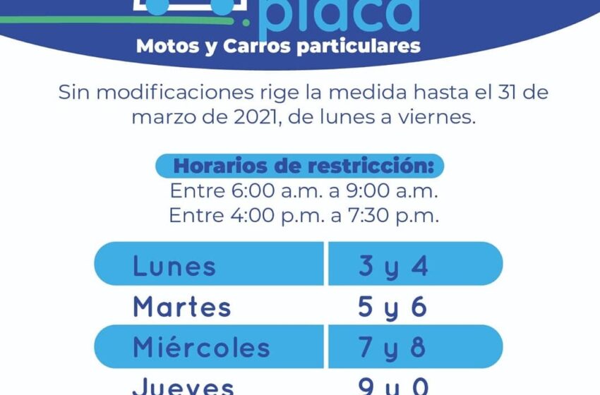  Continúa el pico y placa sin cambios, y en los mismos horarios