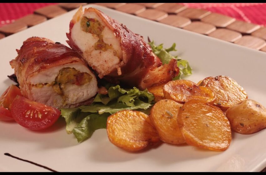  Disfruta de un Pollo relleno de guacamole envuelto con tocineta